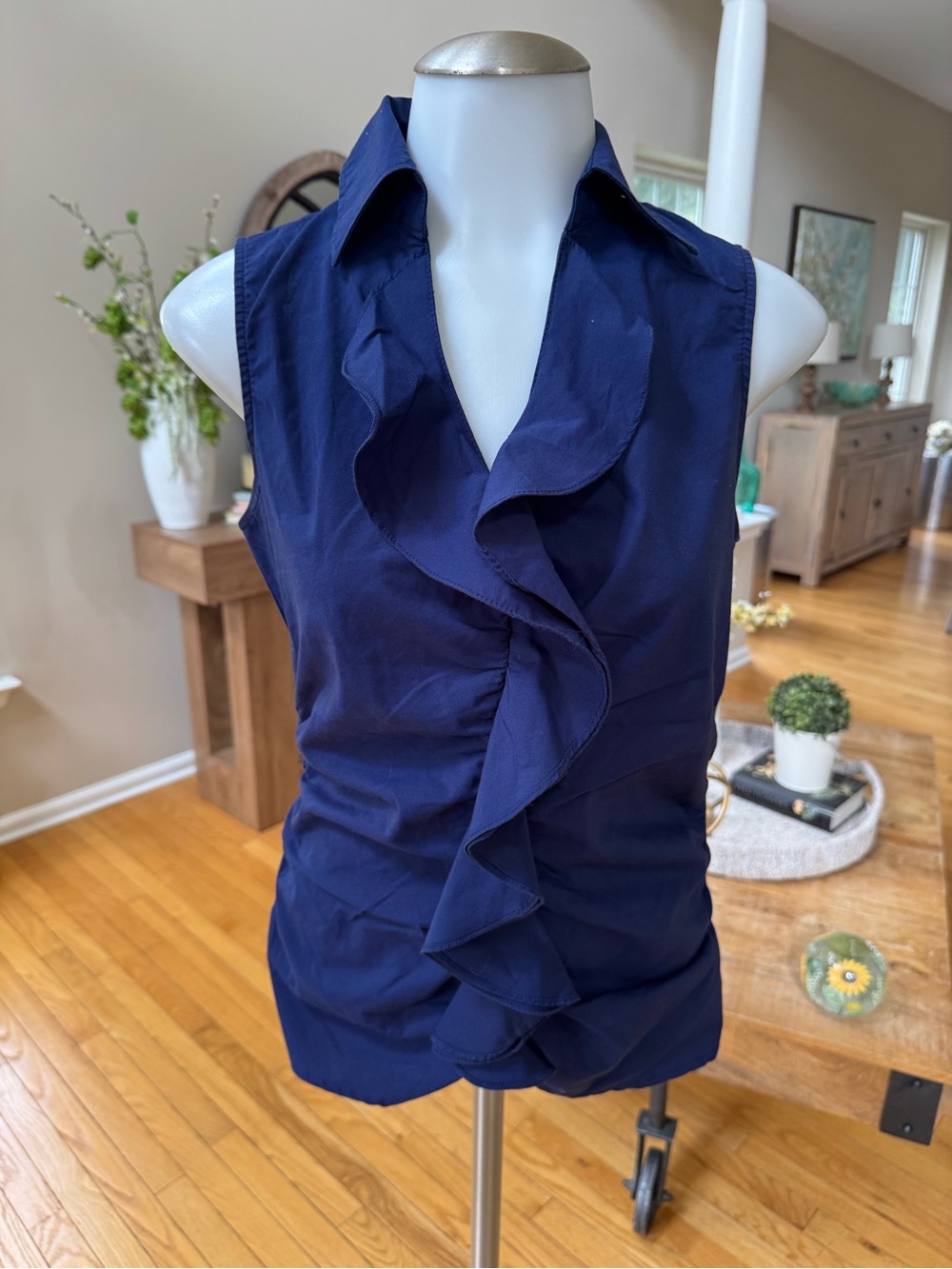 New York & Company Navy Ruffle-Front Sleeveless Blouse